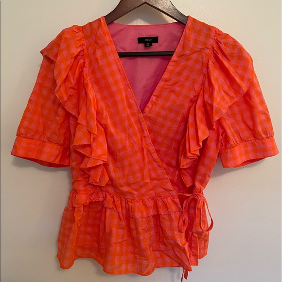 J. Crew Tops - J. Crew ruffle wrap top in pink & orange gingham M